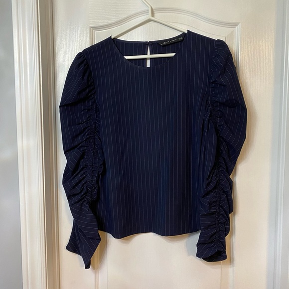 Zara pinstripe long sleeve runched top size XL - Picture 2 of 5
